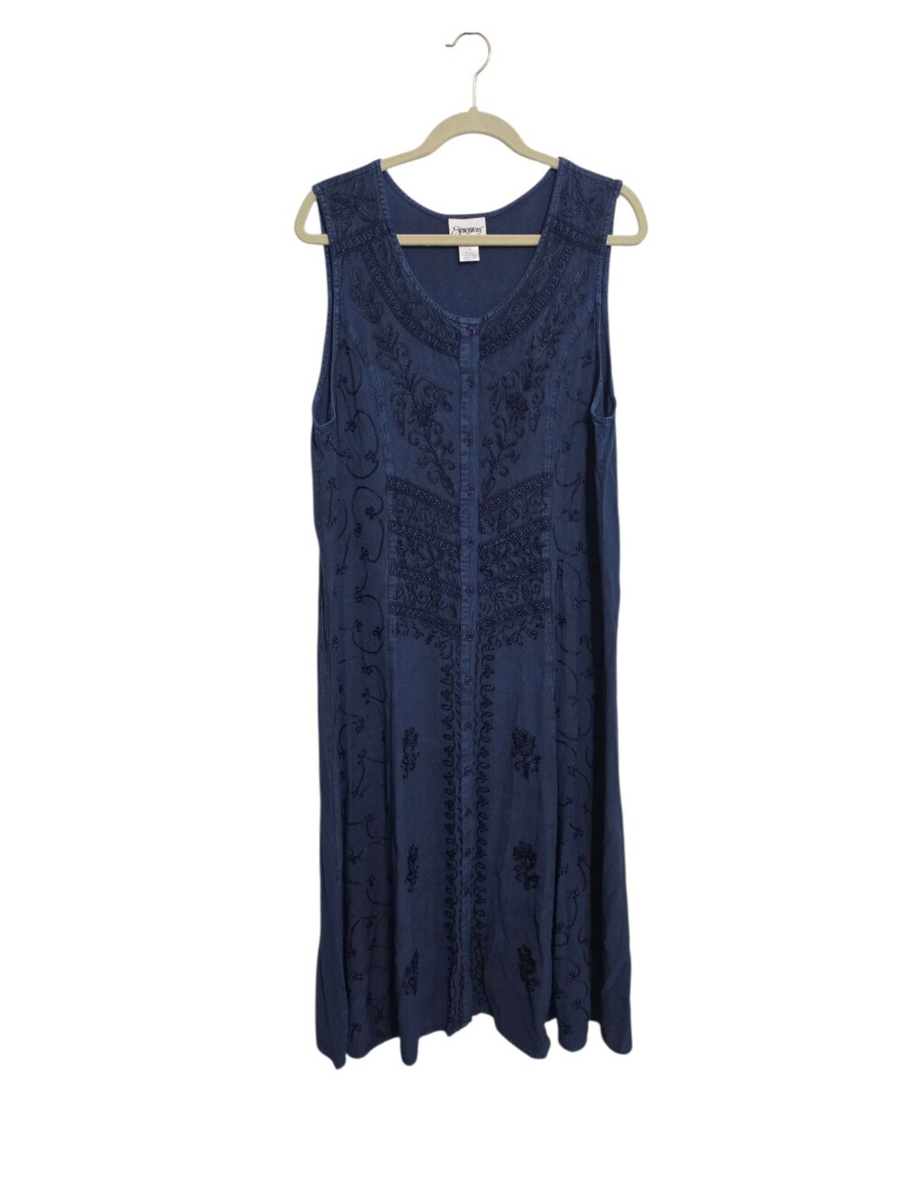 Vintage Navy Embroidered Button Up Maxi Dress XL Boho Whimsigoth Fairy Grunge